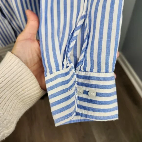 H&M Blue White Stripe Button Front Top L Long Sleeve 100% Cotton Coastal Capsule - Picture 5 of 10
